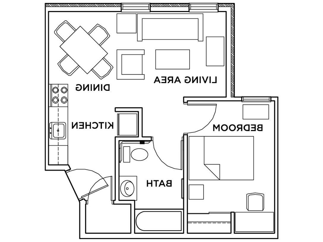 1 bedroom 1 bathroom floor plan.